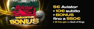 Bonus di benvenuto BWIN: 5€ Aviator + 10€ subito + fino a 550€ di bonus + 30 free spin Offerta di benvenuto BWIN con 5€ su Aviator, 10€ subito, bonus fino a 550€ e 30 free spin su Book of Kings